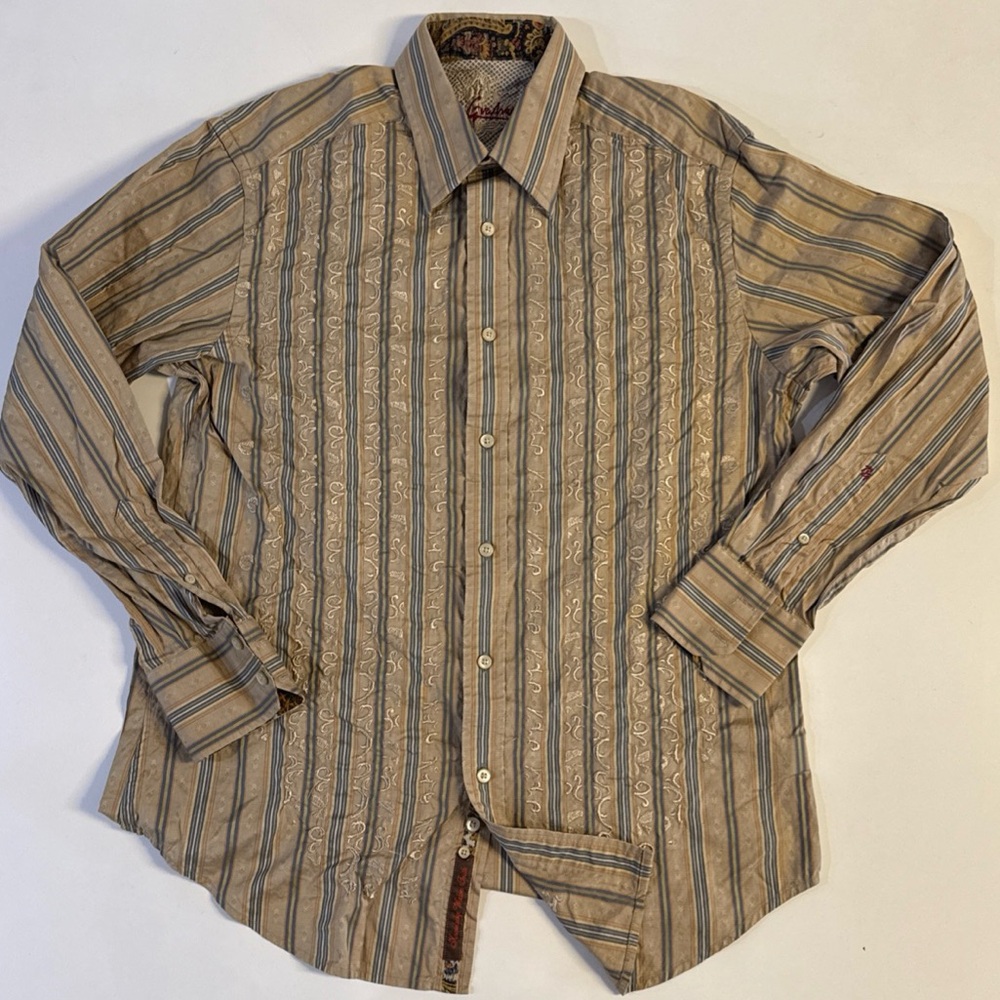 *Robert Graham Button Down Shirt Floral Striped Flip Cuff Long Sleeve Men Size M